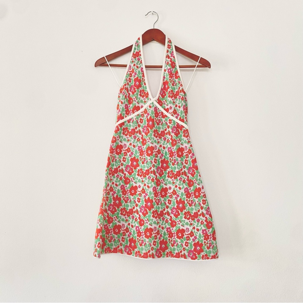 Zara Halter V-Neck Pink & Red Floral Retro 70’s Flower Power Groovy Mini Dress S - Picture 6 of 11